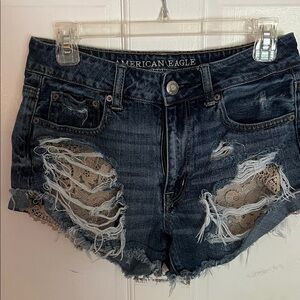 American Eagle Outfitters Ripped Lace Jean Shorts - Dark Blue